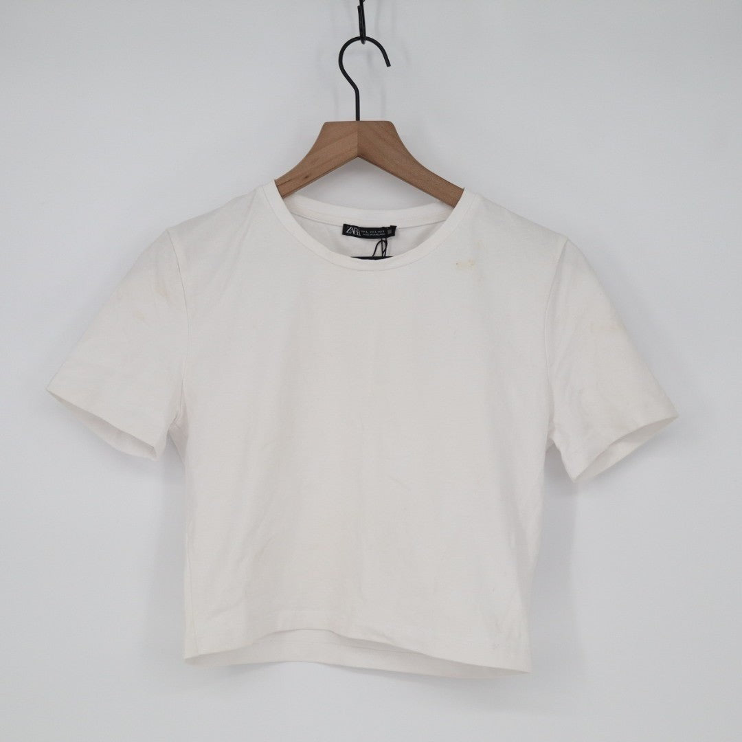 Zara Cropped T-Shirt Womens Large White Cotton Stretch Crew Neck Short Sleeve