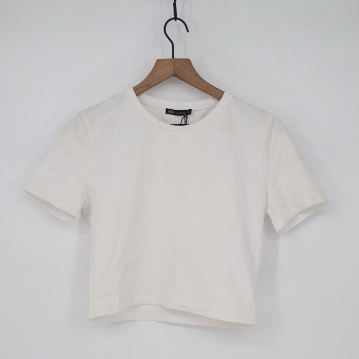 Zara Cropped T-Shirt Womens Large White Cotton Stretch Crew Neck Short Sleeve
