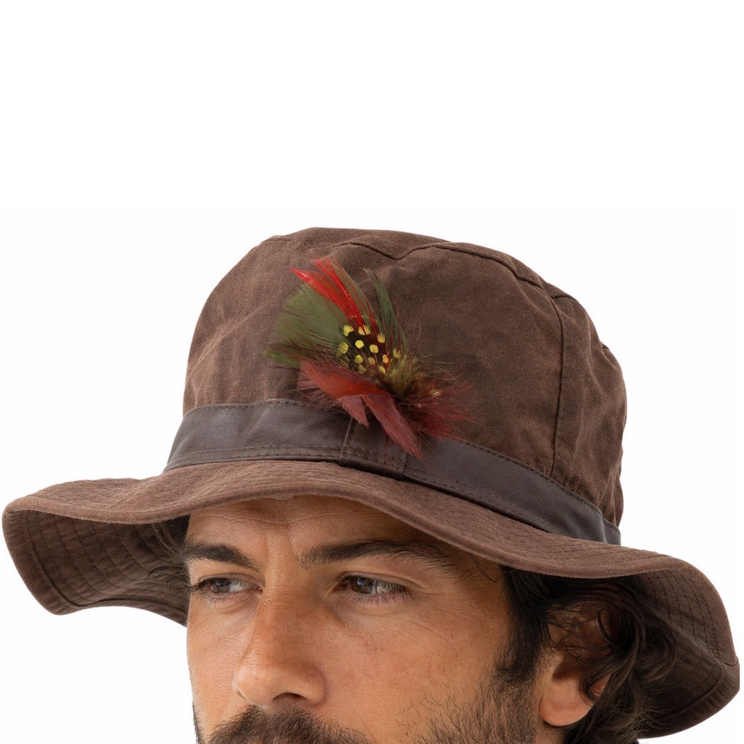 Hatman of Ireland Gerry Moran Brown Waxed Cotton Bush Hat with Feather Size 58cm