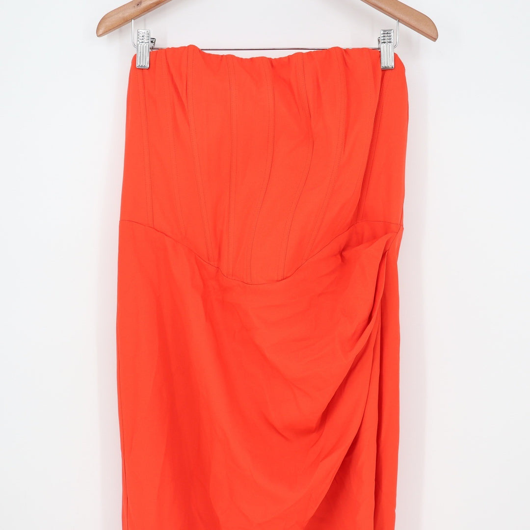 Showpo Avery Midi Dress Orange Strapless Draped Side Split US 14 NEW