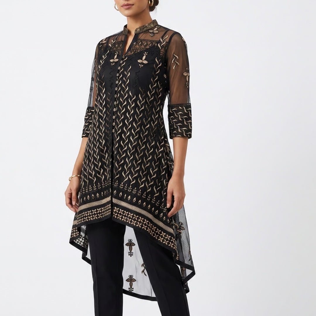 Black Gold Embroidered Mesh High Low Tunic Kurti Mandarin Collar Womens Medium