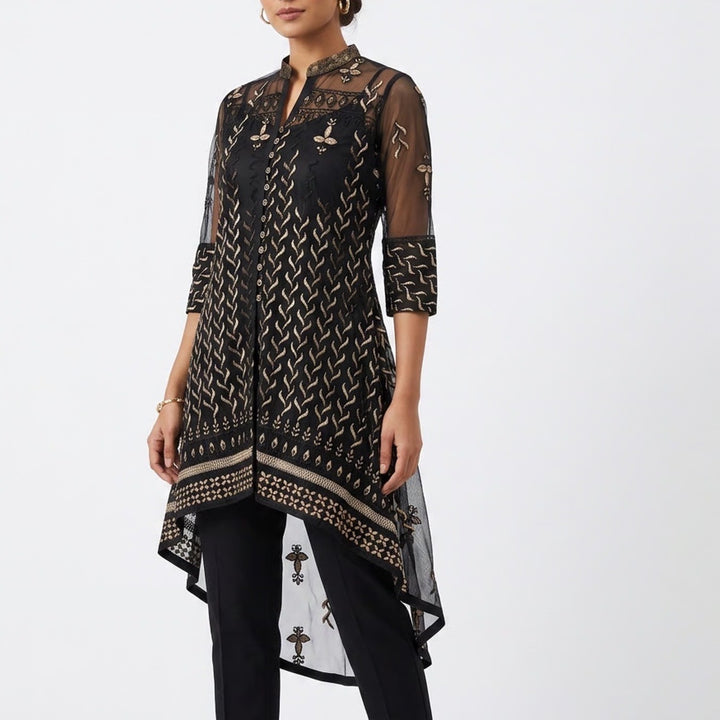 Black Gold Embroidered Mesh High Low Tunic Kurti Mandarin Collar Womens Medium
