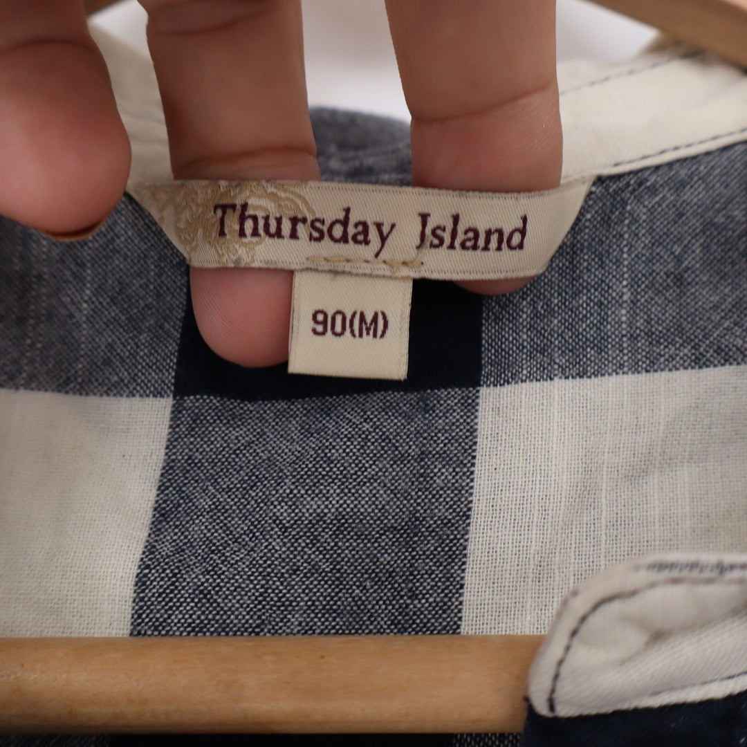 Thursday Island Navy Cream Buffalo Plaid Roll Tab Sleeve Tunic Shirt Size M