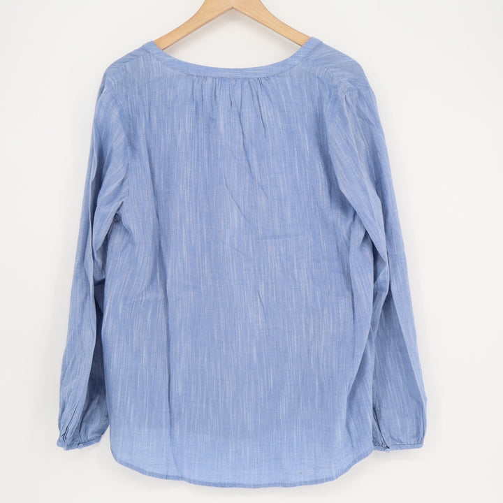 Old Navy Blouse Women L Blue Space Dye Cotton Pleated Henley Neck Balloon Sleeve