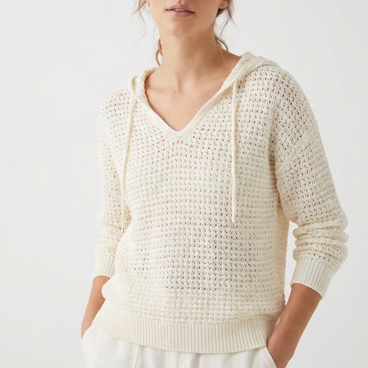 Nicole Miller Artelier Sweater Womens Medium Ivory Open Knit Hooded Long Sleeve