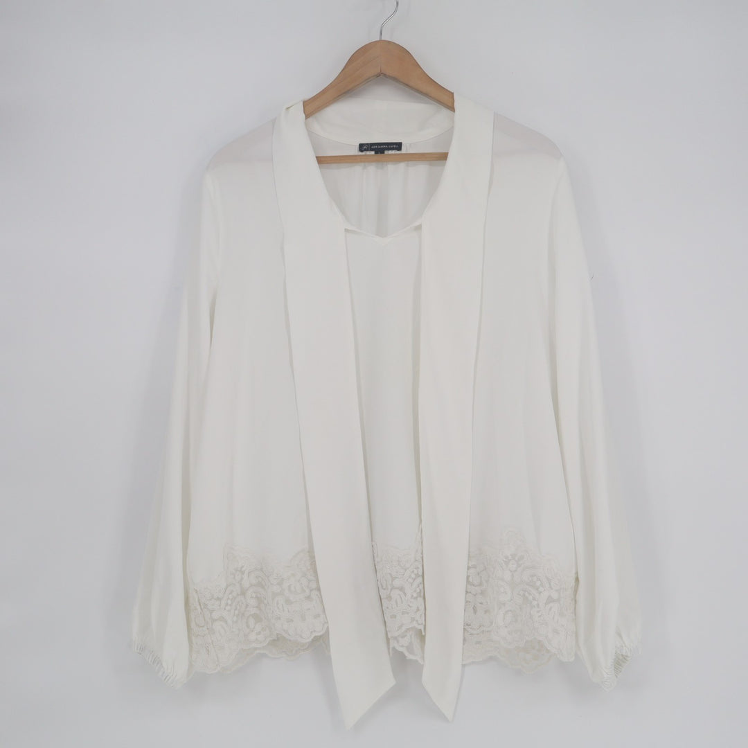 Adrianna Papell Tunic Top Women's Large White Lace Hem Long Sleeve Tie Neck