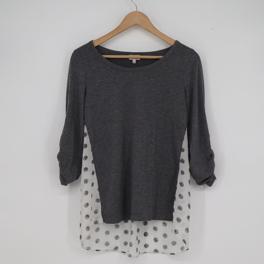 Pixley Womens Small Grey Polka Dot Mixed Media 3/4 Sleeve High Low Top