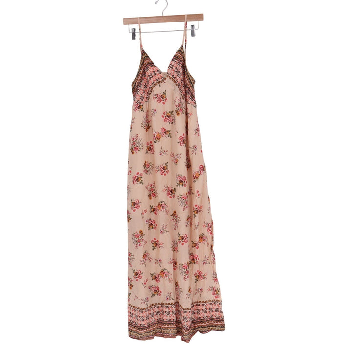 Gilli Midi Dress Womens L Beige Floral Rayon V-Neck Sleeveless Adjustable Strap
