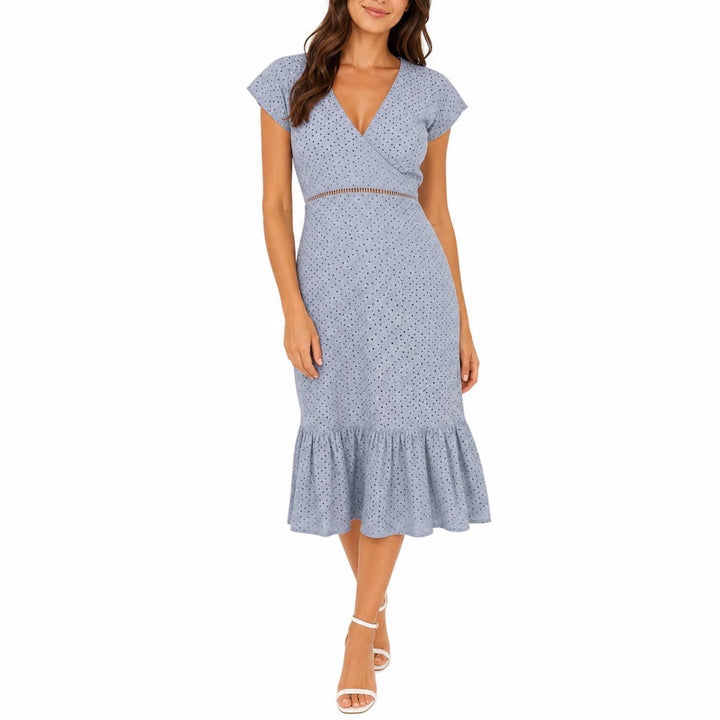 Michael Michael Kors Light Blue Eyelet Cotton Midi Dress V-Neck Size 2
