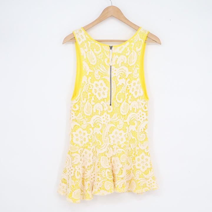 Meadow Rue Anthropologie Yellow Floral Lace Peplum Tank Top Sleeveless Large