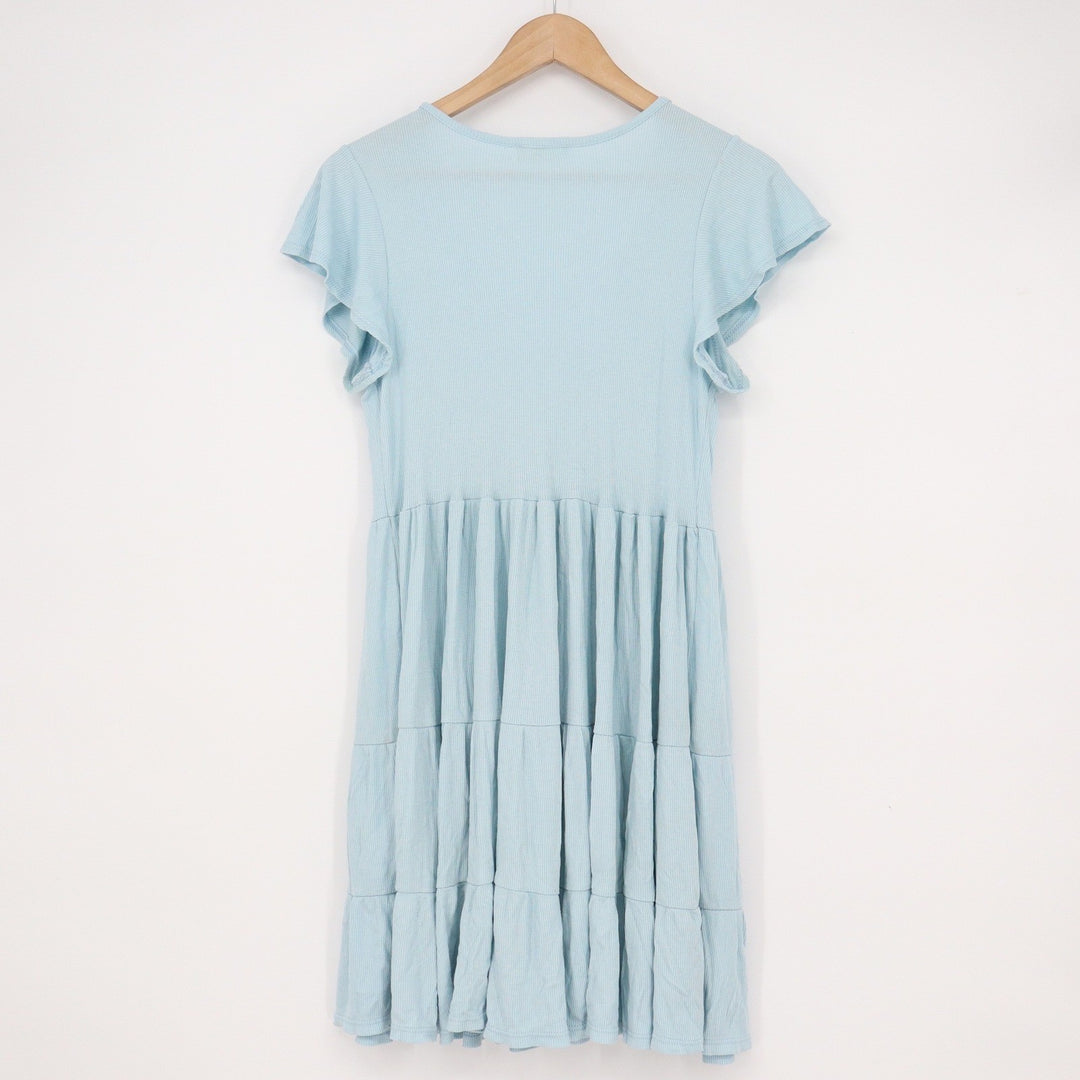 See You Monday Light Blue Ribbed Tiered Mini Dress V-Neck Flutter Sleeve Medium