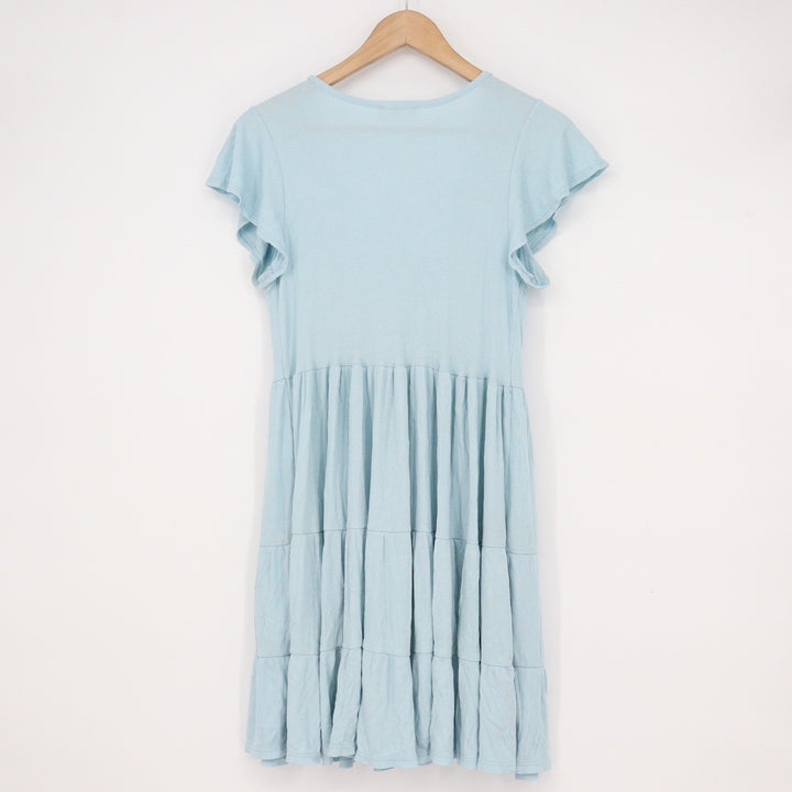 See You Monday Light Blue Ribbed Tiered Mini Dress V-Neck Flutter Sleeve Medium