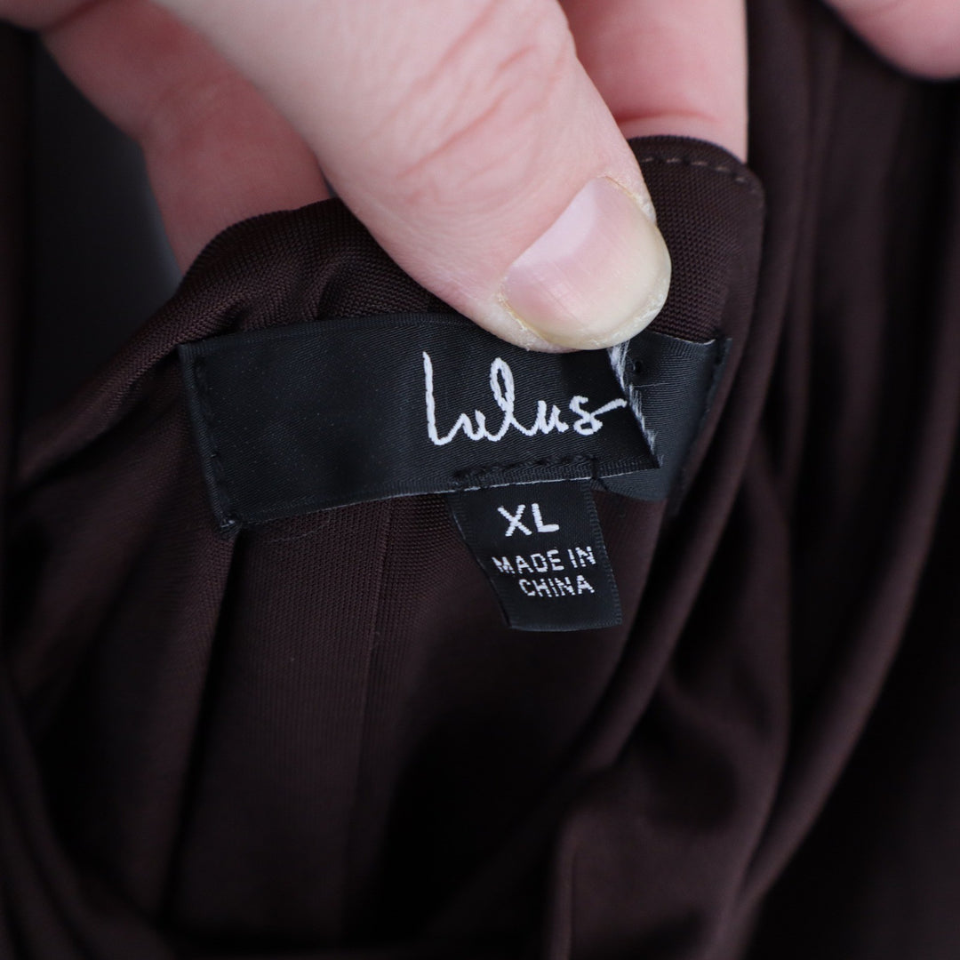 Lulus Chocolate Brown Cowl Neck Halter Maxi Dress Womens XL Low Back Jersey Knit