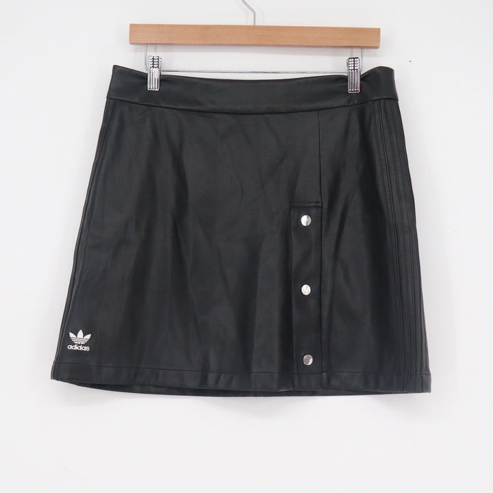 Adidas Originals Faux Leather Mini Skirt Black Snap Button Trefoil Logo