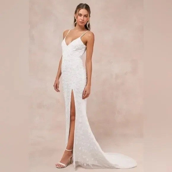 Lulus Everlasting Vows White Beaded Sequin Mermaid Maxi Dress Size XL