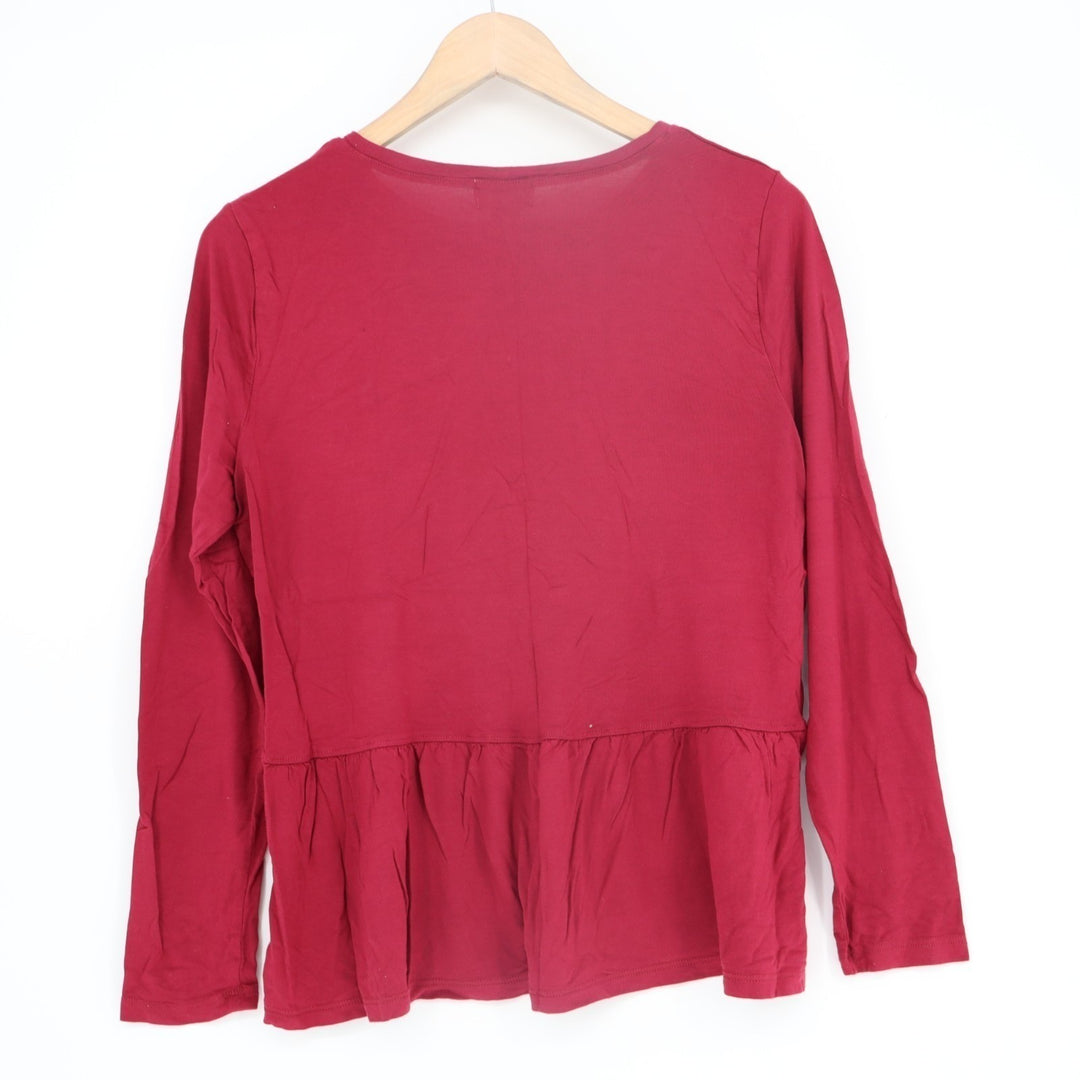 Old Navy T Shirt Women Medium Maroon Ruffled Hem Round Neck Long Sleeve Pullover