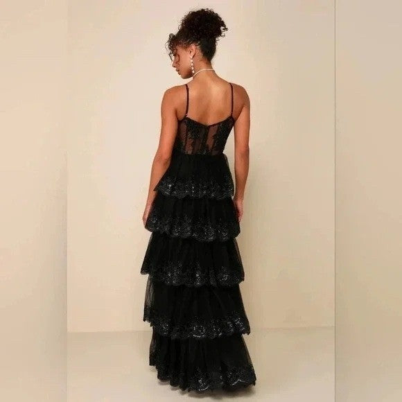 Lulus Alluring Sensation Black Tulle Embroidered Tiered Maxi Dress Size XL