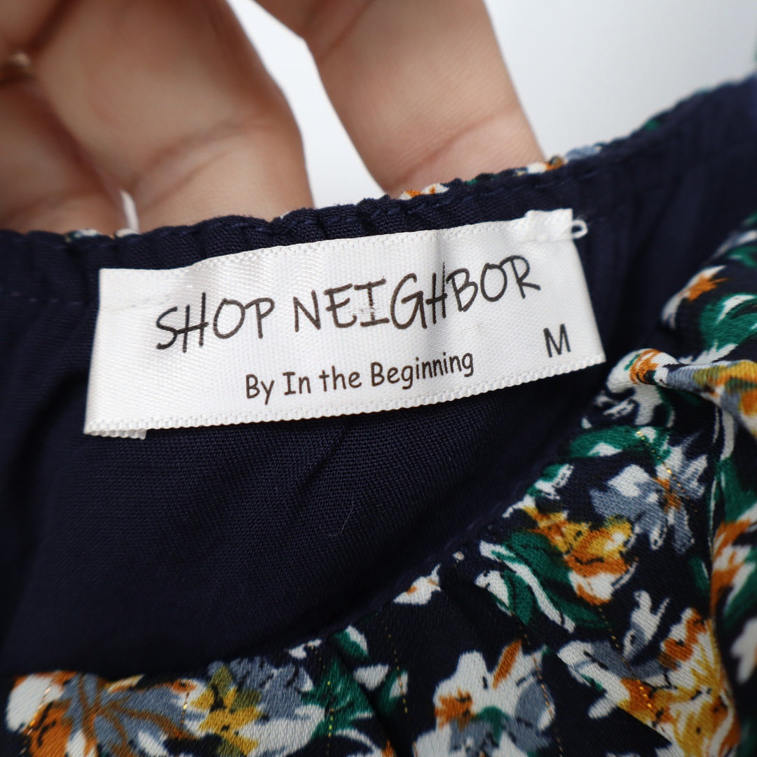 Shop Neighbor Floral Mini Dress Navy Gold Metallic Pinstripe Puff Sleeve Medium