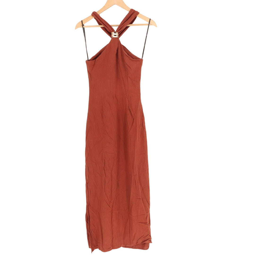 Lulus Calessia Maxi Dress Womens Small Rust Brown Linen Halter Neck Side Zip