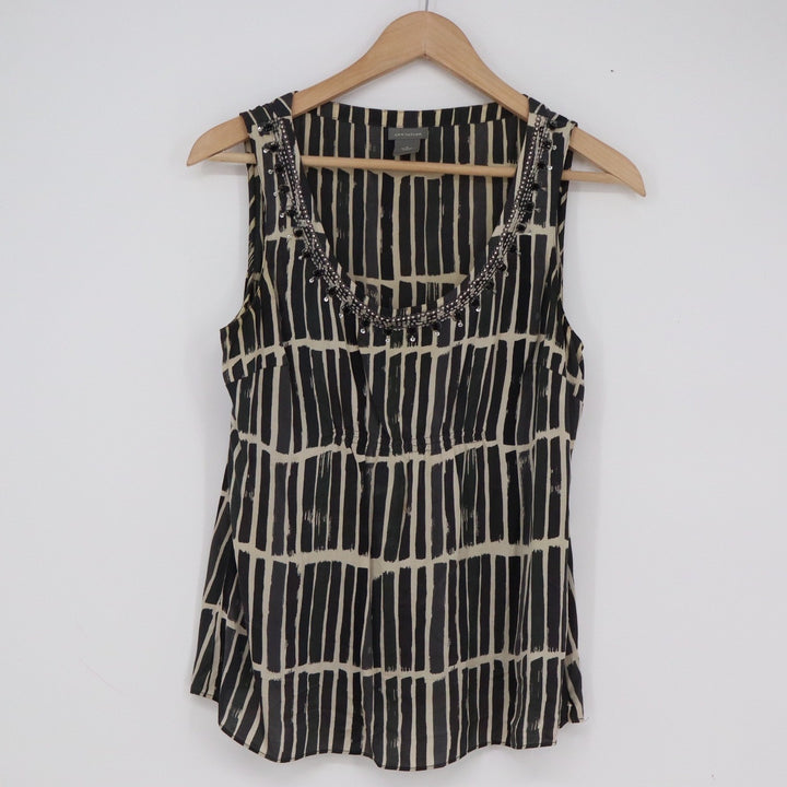 Ann Taylor Silk Blend Beaded Scoop Neck Sleeveless Blouse Black Cream Print 4