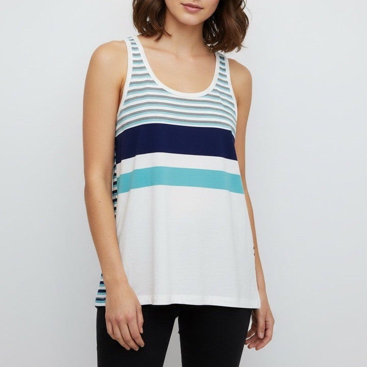Poof! Womens Striped Racerback Tank Top Size Small White Blue