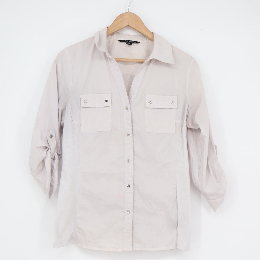 Zac & Rachel Womens Beige Roll Tab Sleeve Button Up Shirt Size M Stretch Panels