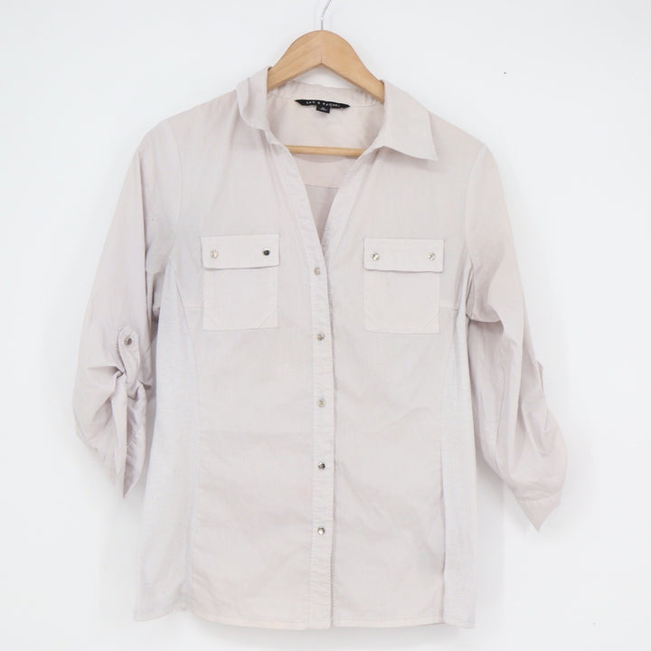 Zac & Rachel Womens Beige Roll Tab Sleeve Button Up Shirt Size M Stretch Panels