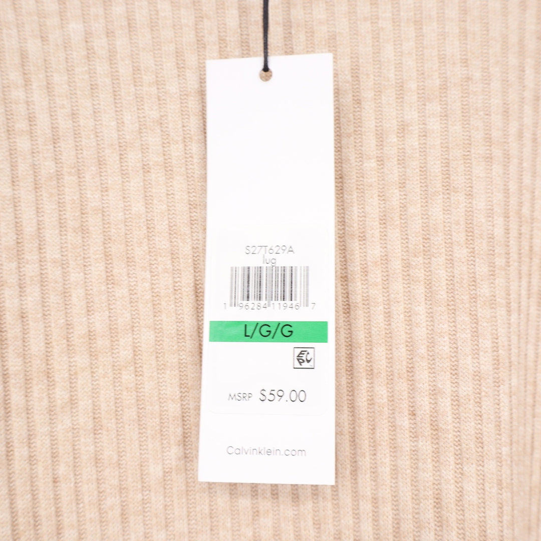 Calvin Klein Womens Ribbed Mock Neck Elbow Sleeve Top Oatmeal Beige L
