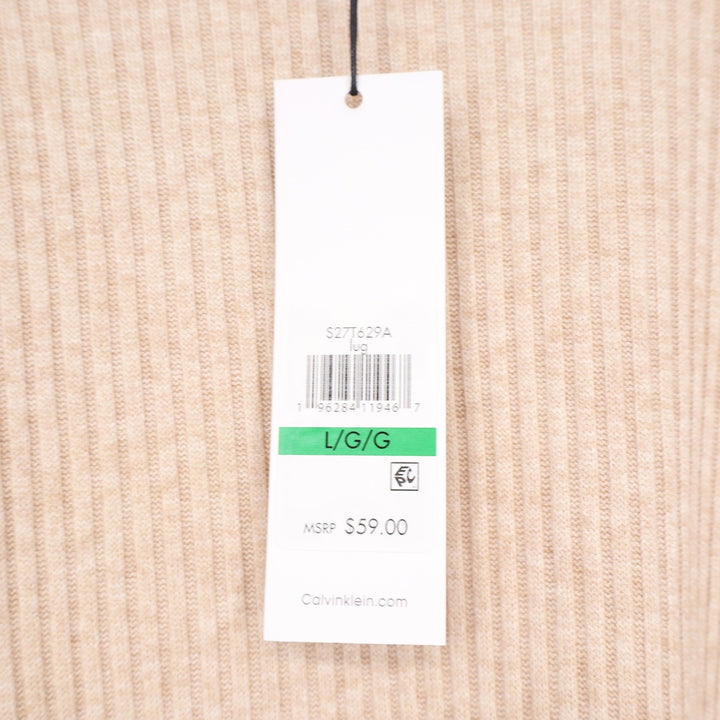 Calvin Klein Womens Ribbed Mock Neck Elbow Sleeve Top Oatmeal Beige L