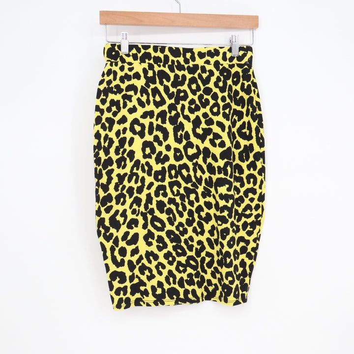 Neon Yellow Black Leopard Print Pencil Skirt Stretch Knee Length Animal Print