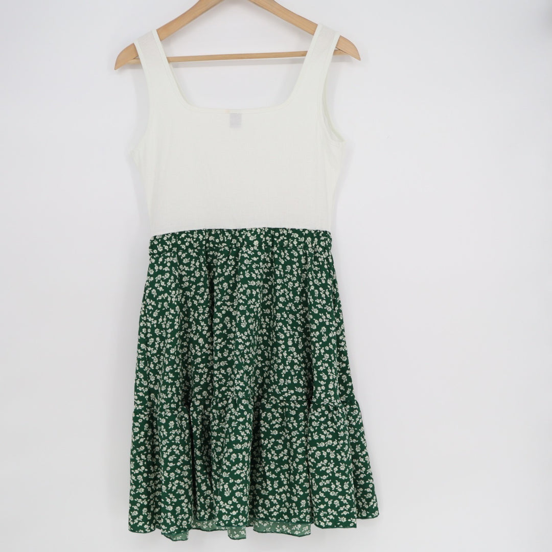 Shein Tank Dress Womens Large White Green Floral Stretch Wide Strap Scoop Neck