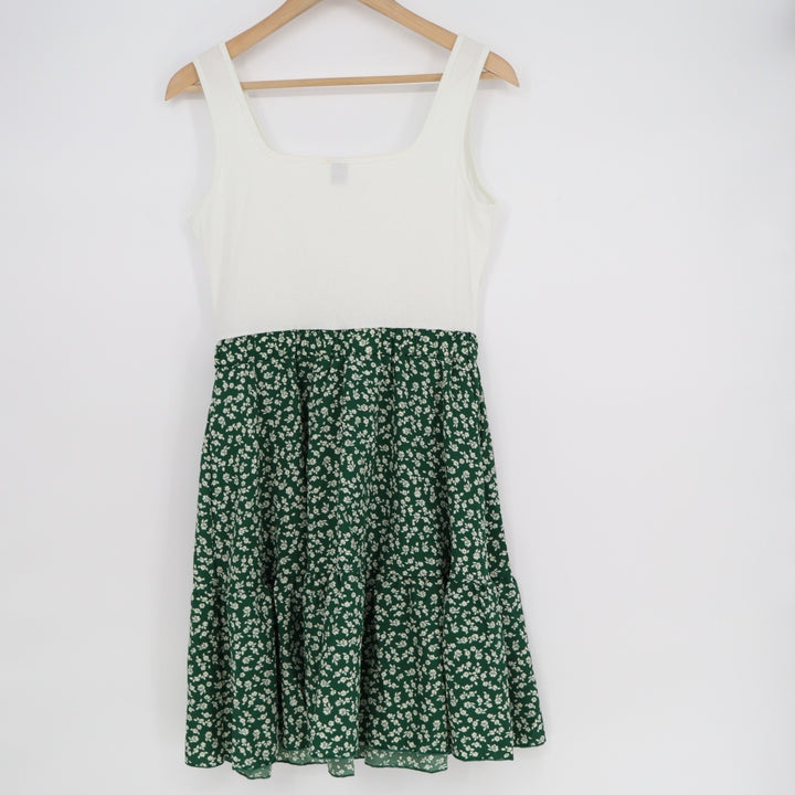 Shein Tank Dress Womens Large White Green Floral Stretch Wide Strap Scoop Neck