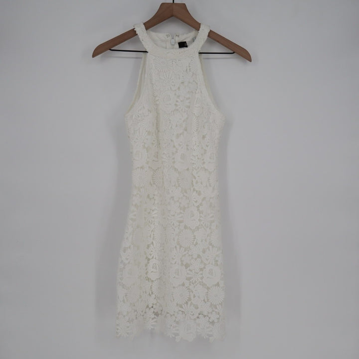 Lulus Love Poem Lace Sheath Mini Dress Women XS Cream Floral Crochet Halter Neck