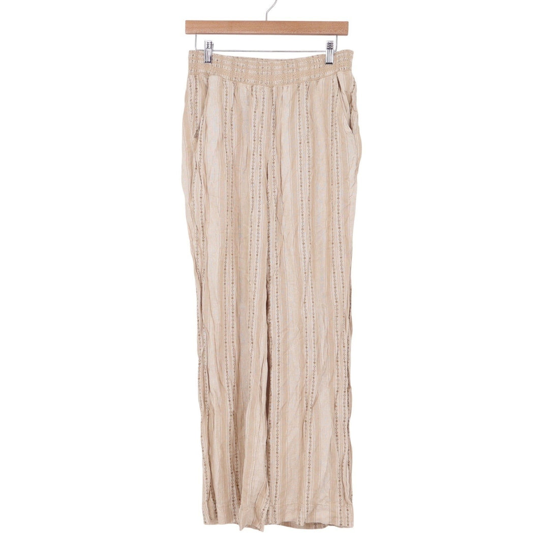 Briggs Womens Linen Blend Striped Wide Leg Pants Beige Smocked Waist Medium
