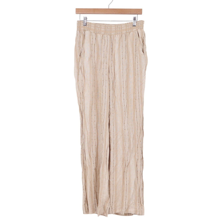 Briggs Womens Linen Blend Striped Wide Leg Pants Beige Smocked Waist Medium