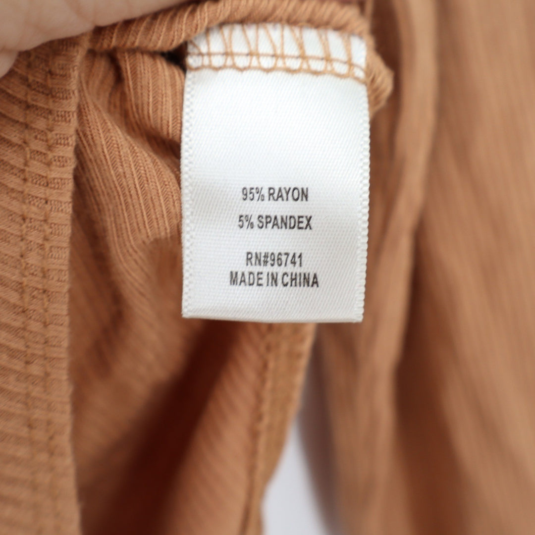 Selfie Womens Long Sleeve Ribbed Square Neck Bodysuit Camel Tan Size L