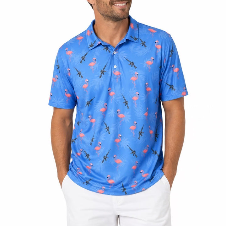 Obnoxious Golf Polo Shirt Mens 3XL Blue Armed Flamingo Short Sleeve Performance