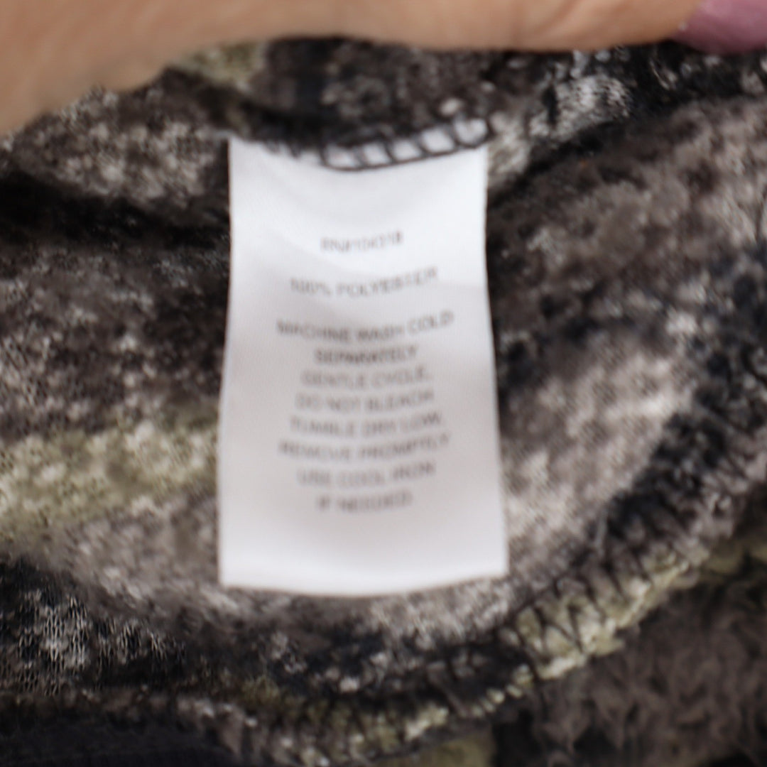 Derek Heart Camo Sherpa Fleece Pullover Sweater Green Brown Striped Trim Medium