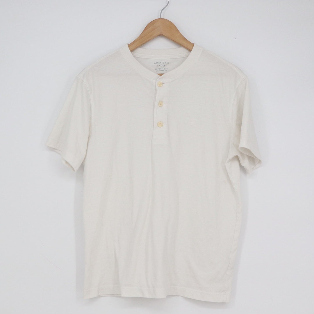 American Eagle Mens Super Soft Henley Shirt Cream White Short Sleeve Small