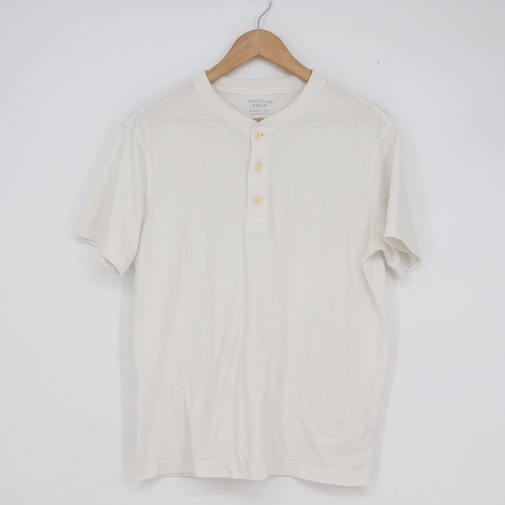 American Eagle Mens Super Soft Henley Shirt Cream White Short Sleeve Small