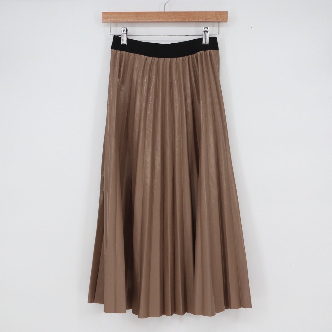 Taupe Bronze Metallic Pleated Midi Skirt Black Elastic Waist Small Accordion