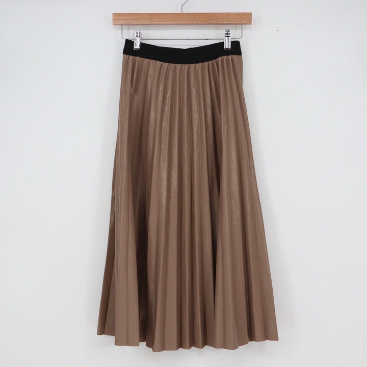Taupe Bronze Metallic Pleated Midi Skirt Black Elastic Waist Small Accordion