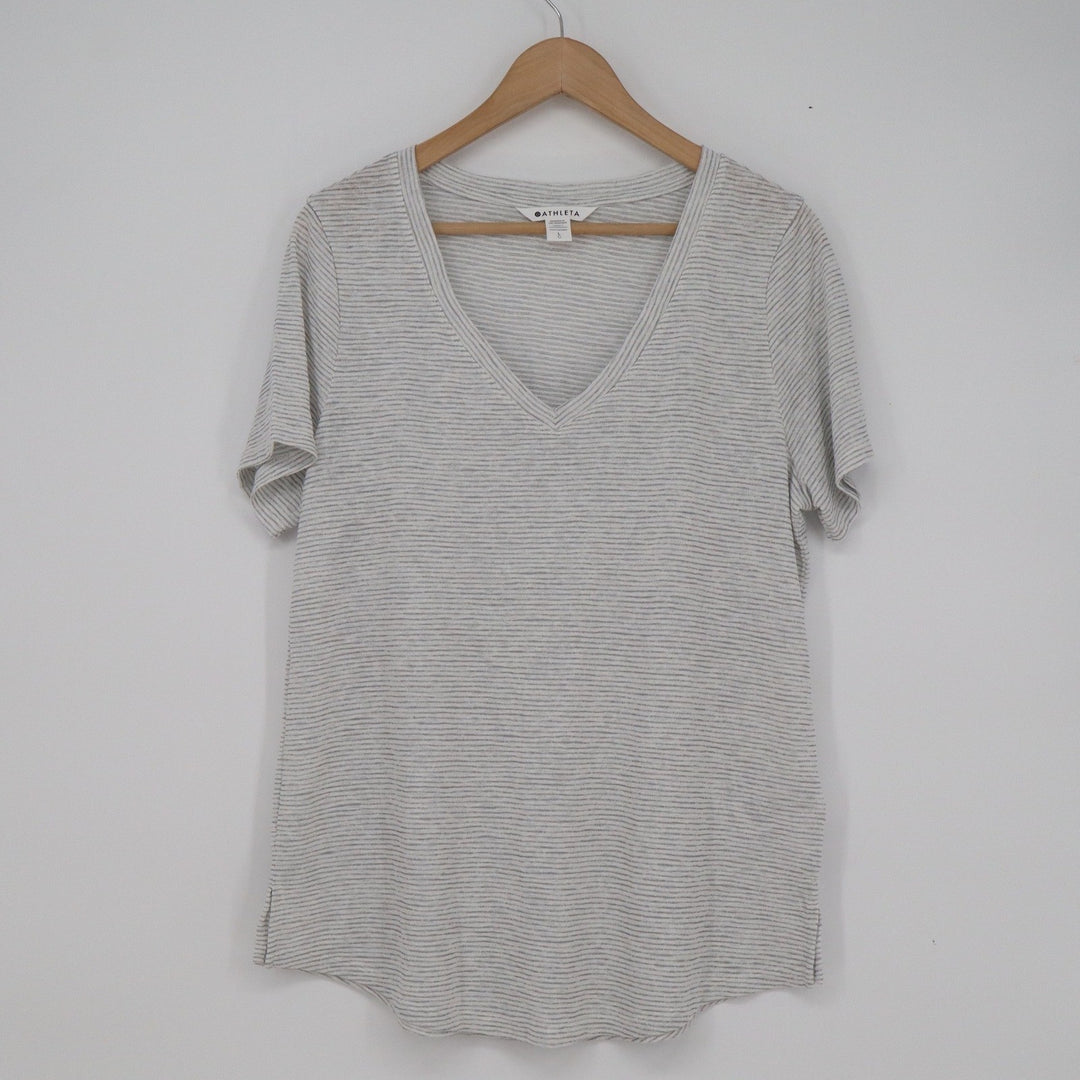 Athleta Womens V Neck Striped Short Sleeve T-Shirt Grey White Large