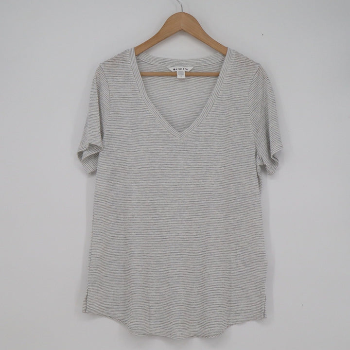 Athleta Womens V Neck Striped Short Sleeve T-Shirt Grey White Large