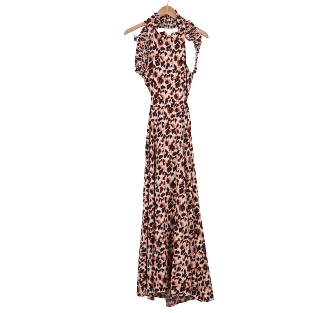 Shein Leopard Print Halter Maxi Dress Brown Tan Open Back Sleeveless Medium
