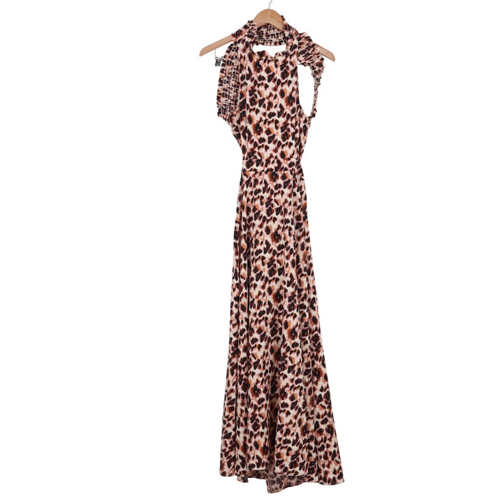 Shein Leopard Print Halter Maxi Dress Brown Tan Open Back Sleeveless Medium