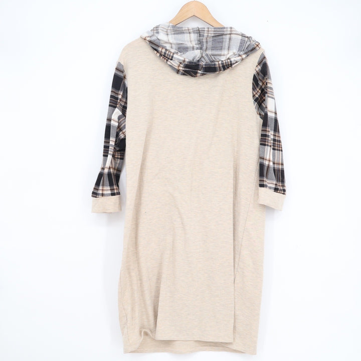 Tacera Plaid Sleeve Hoodie Dress Oatmeal Tan Black Size L