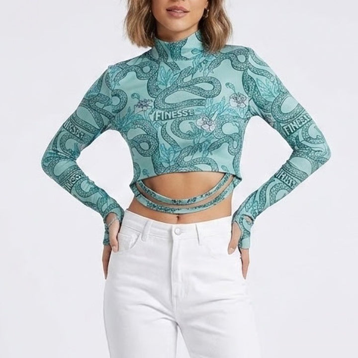 Finesse Mint Green Snake Floral Graphic Mock Neck Strappy Back Crop Top 1X
