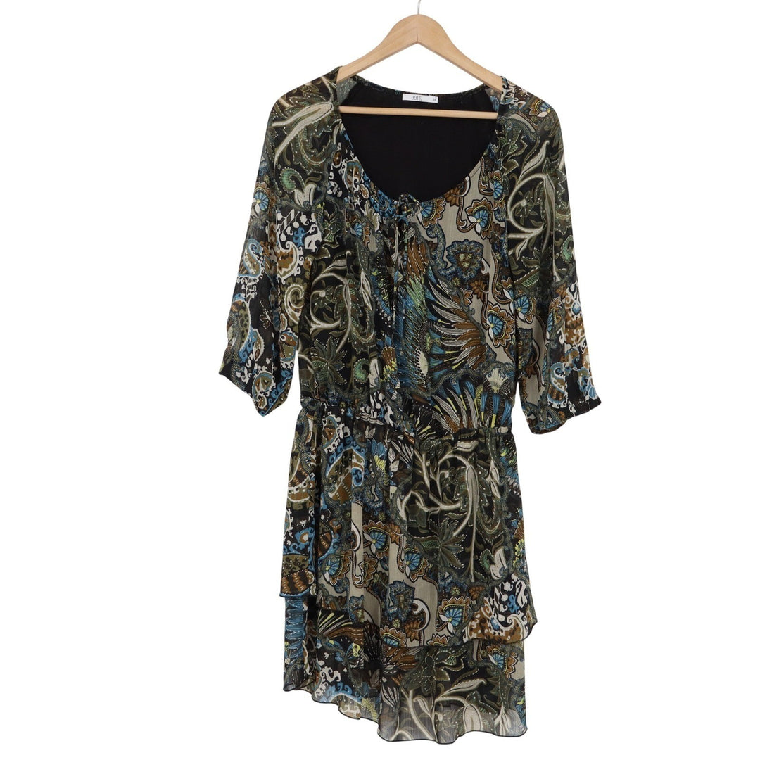 edc by Esprit Paisley Mini Dress Black Blue Gold 3/4 Sleeve Tiered Boho Size 34