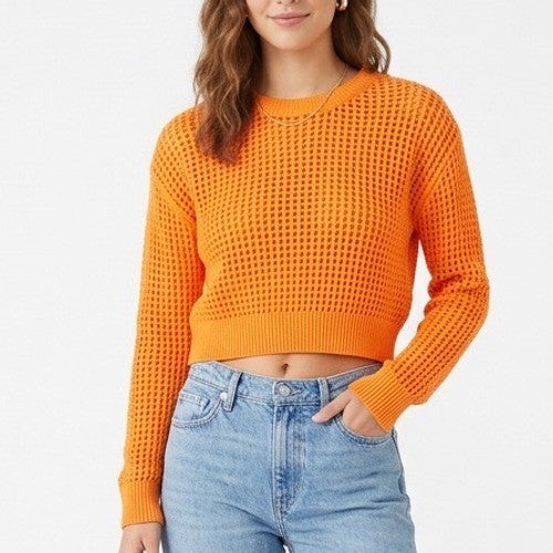 Calvin Klein Jeans Crop Sweater Womens XS Bright Orange Open Knit Cotton Ribbed